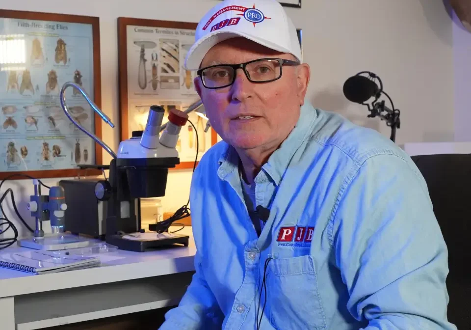 A man sitting at his desk wearing glasses and a hat.